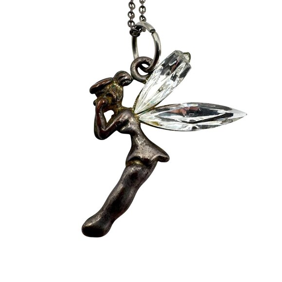 Vtg  Tinkerbell Fairy Pendant Necklace With Crystal Wings 925 Sterling Silver - Picture 1 of 7